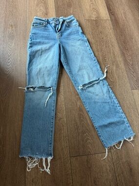 Forever 21 Light Blue Ripped Straight-Leg Jeans